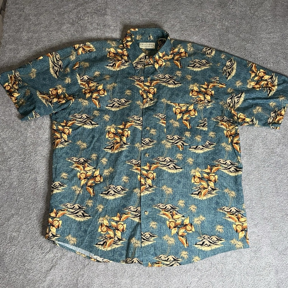 Vintage CROSSINGS Mens Hawaiian Shirt Blue Island Palms‎ 90s Floral L